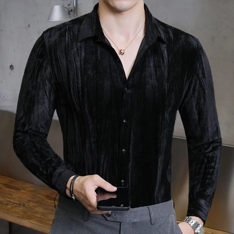 Solid Pleated Slim Fit Long Sleeve Shirt