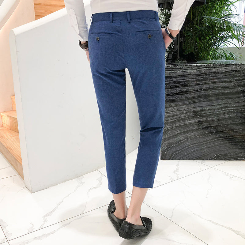 Solid Deep Blue Men Slim Fit Calf-Length Business Trouser Men