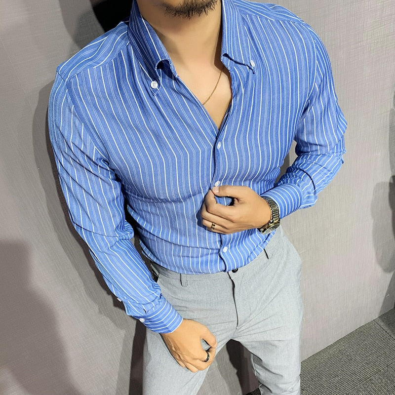Vertical Stripes Azure Blue V Neck Shirt