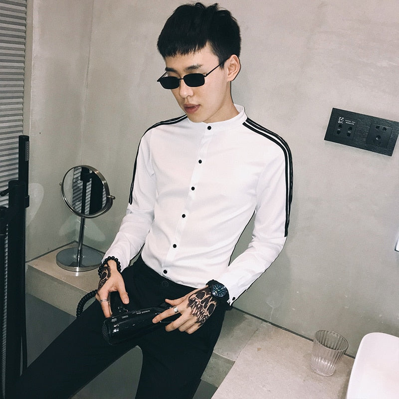 Korean Style with Contrast Shoulder Stripe Detail Men Slim Fit Shirt