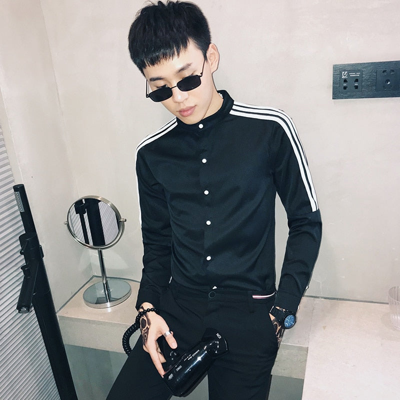Korean Style with Contrast Shoulder Stripe Detail Men Slim Fit Shirt