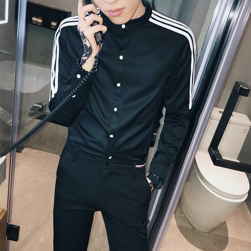 Korean Style with Contrast Shoulder Stripe Detail Men Slim Fit Shirt