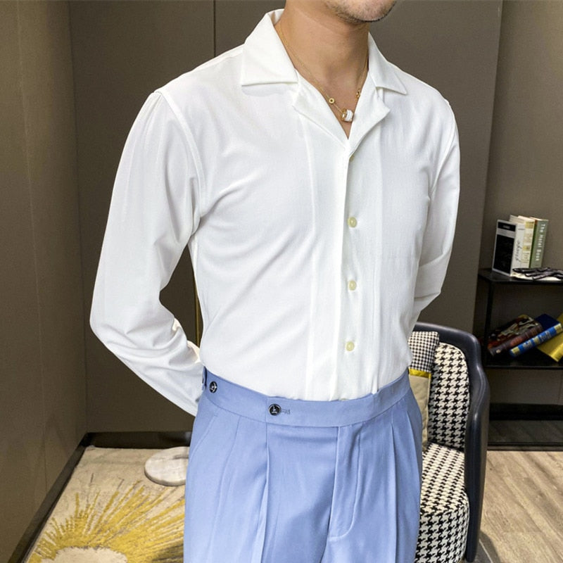 Basic Solid White Cuba Collar Style Shirt