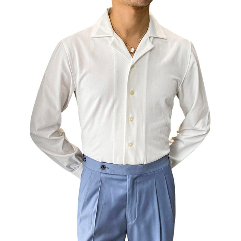 Basic Solid White Cuba Collar Style Shirt