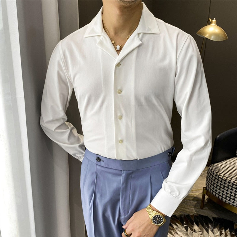 Basic Solid White Cuba Collar Style Shirt