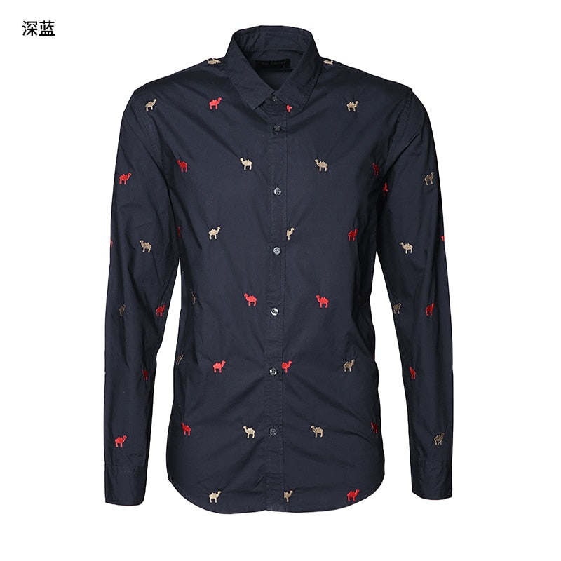 Camel Embroidery Long Sleeve Slim Fit Men Shirt
