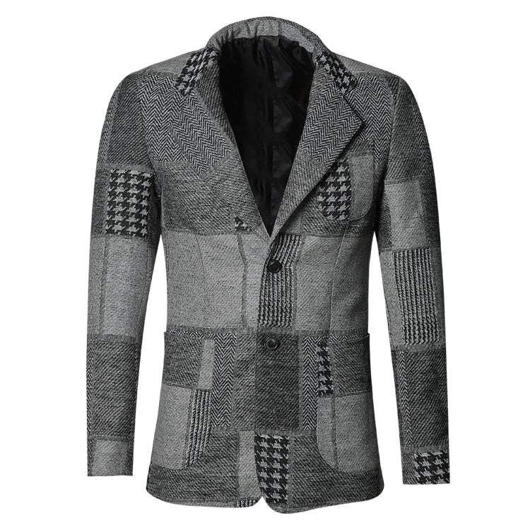 Classic Plaid Patchwork Men Slim Fit Blazer