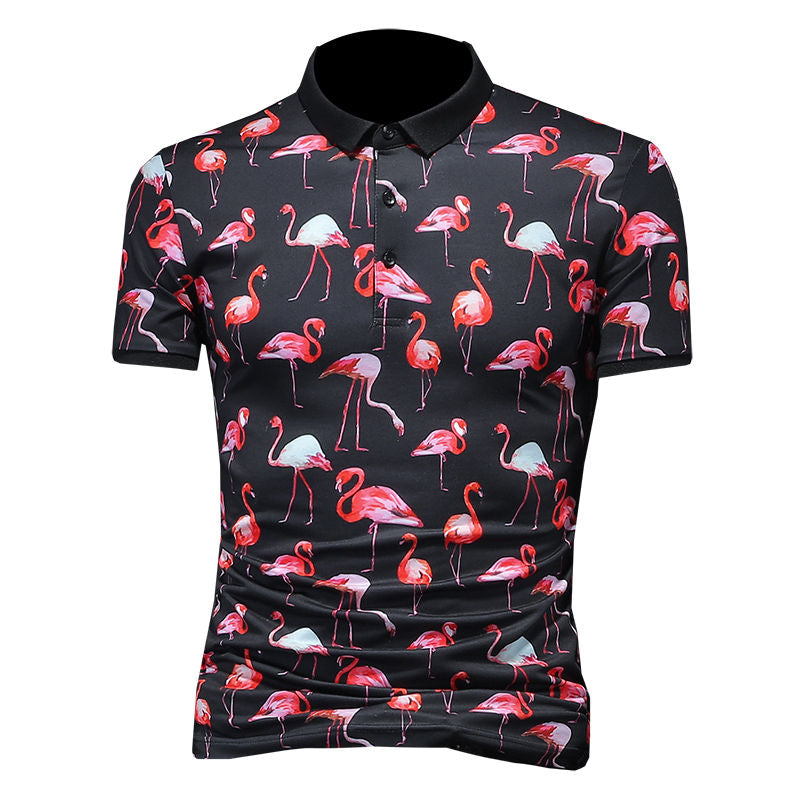 Full Flamingo Patterned Short-Sleeved Polo Shirt