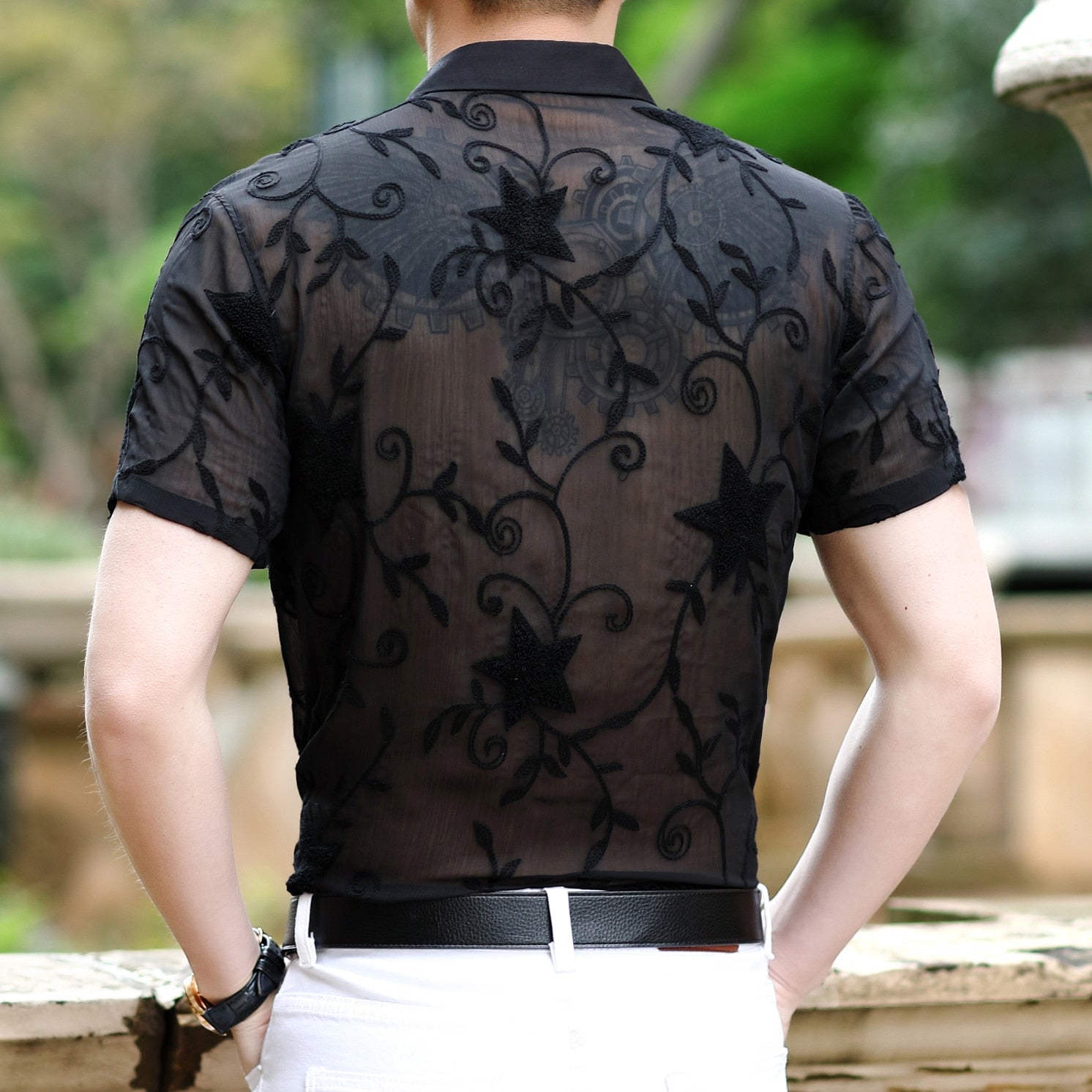 Star Vines Monochrome Print Semi Sheer Men Shirt