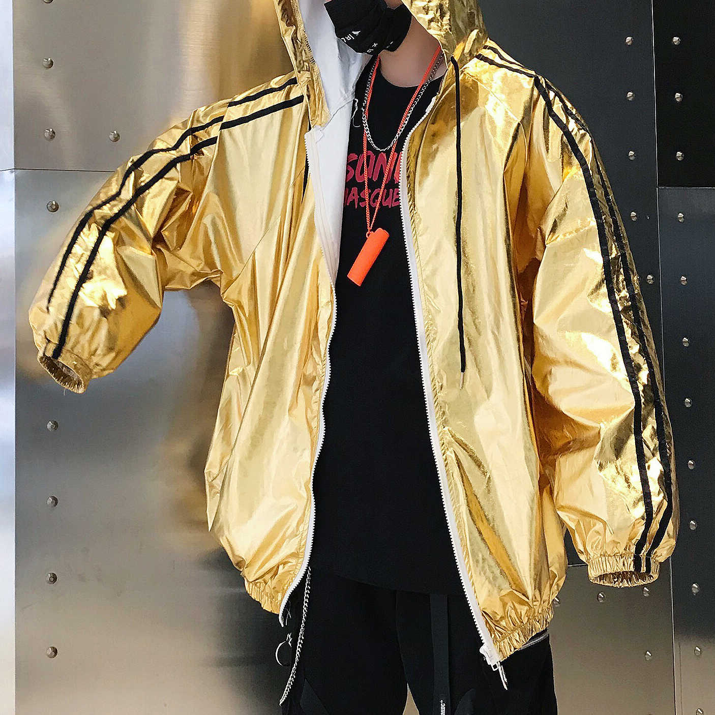 Golden Silver Casual Loose Streetwear Hip Hop Hooded Men Jacket