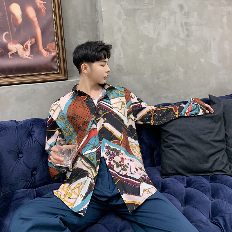 Streetwear Hip Hop Party Dress Men Loose Long Sleeve Casual Shirt