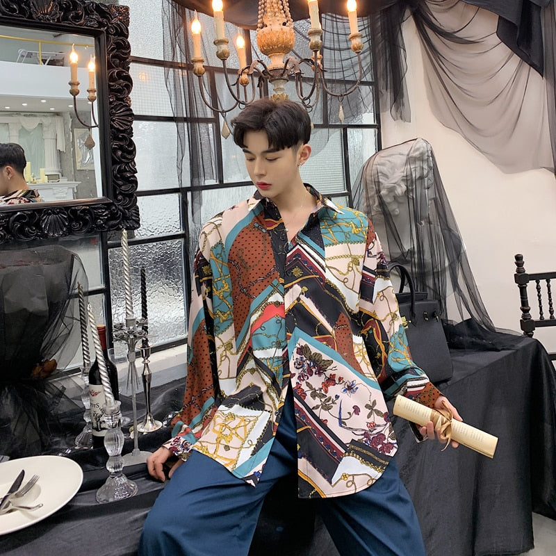 Streetwear Hip Hop Party Dress Men Loose Long Sleeve Casual Shirt