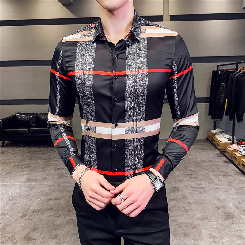 Luxury Print Long Sleeve Korean Design Casual Men Shirt