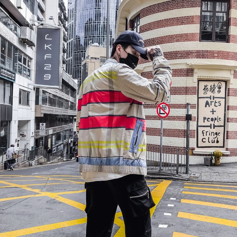 Khaki with Yellow and Red Stripes Combination Hip Hop Style Men Bomber Jacket