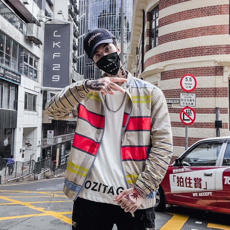 Khaki with Yellow and Red Stripes Combination Hip Hop Style Men Bomber Jacket