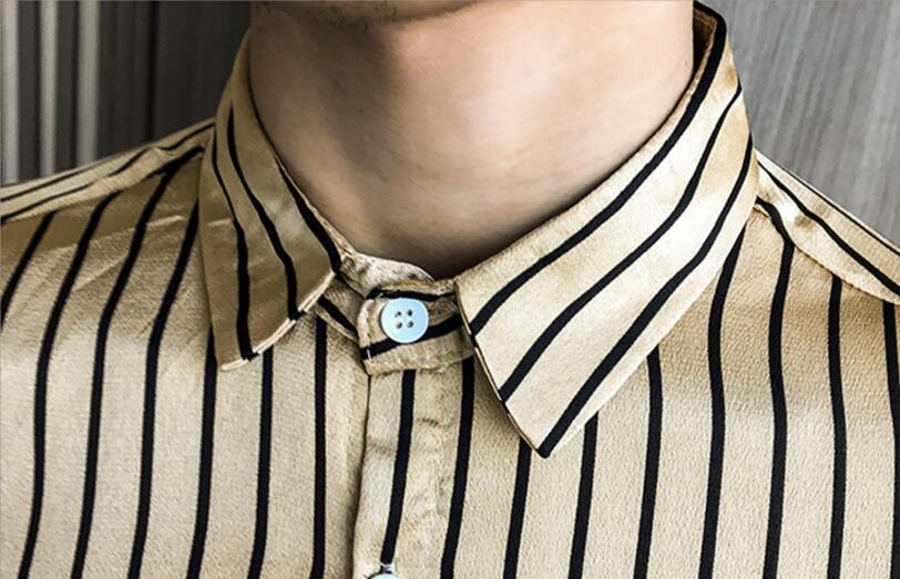 Striped Khaki White Long Sleeve Style Men Slim Fit Shirts