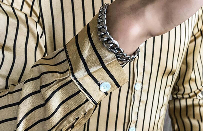 Striped Khaki White Long Sleeve Style Men Slim Fit Shirts