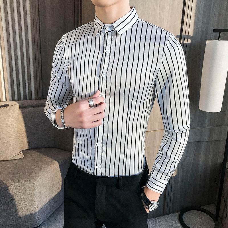 Striped Khaki White Long Sleeve Style Men Slim Fit Shirts