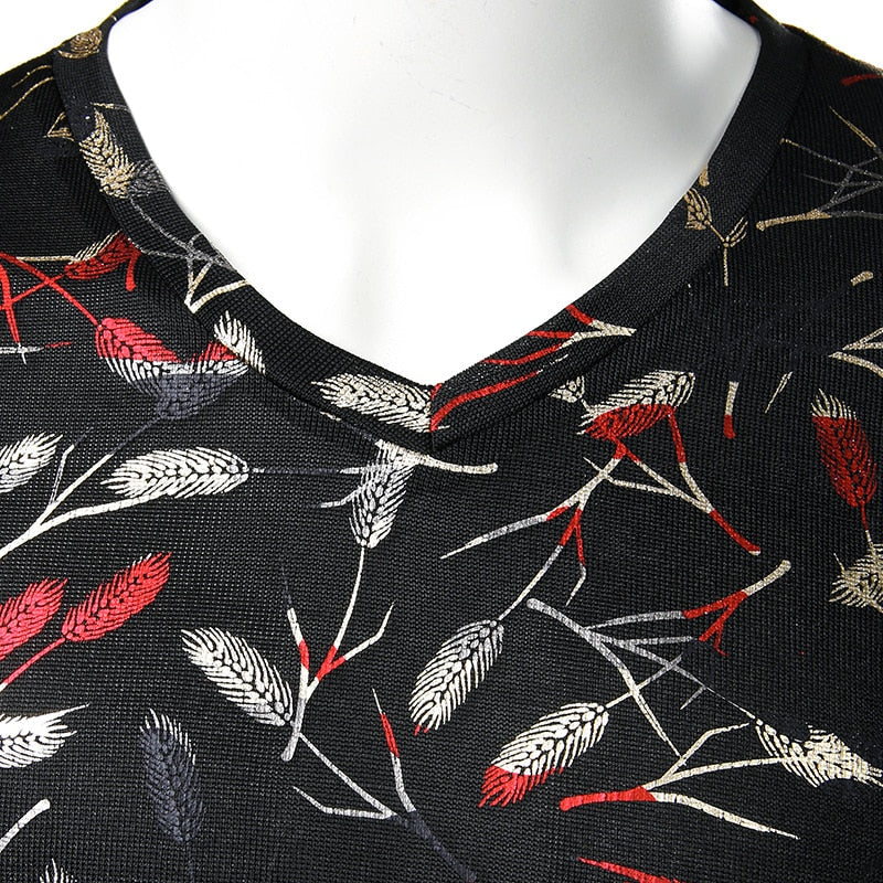 Two Tone Metallic Feathers Men V Neck T-Shirt