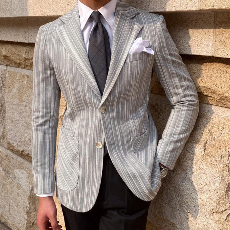 Gray Stylish Vertical Stripe Double Button Blazer