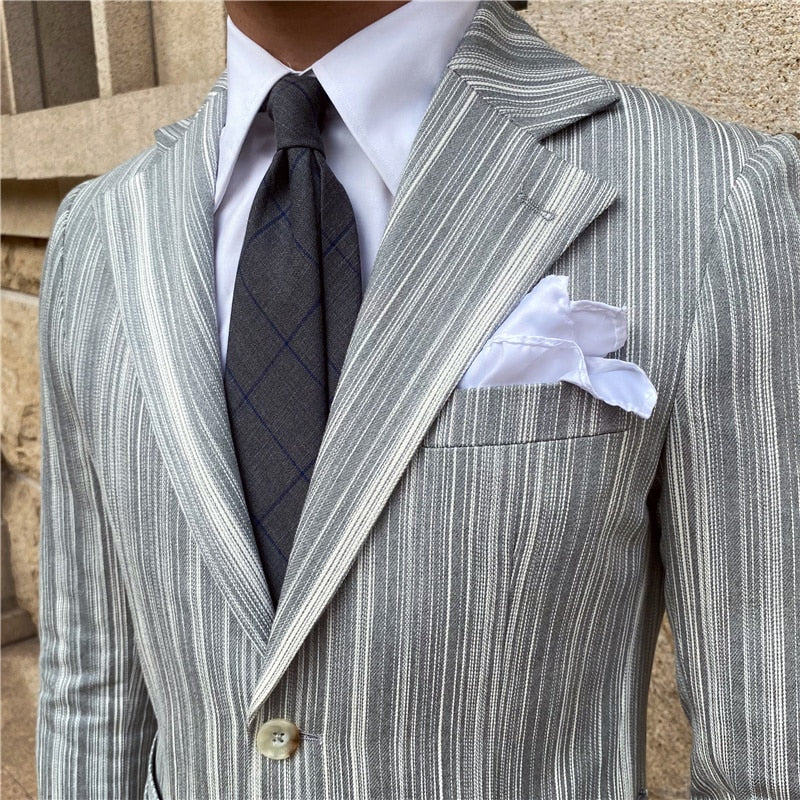Gray Stylish Vertical Stripe Double Button Blazer