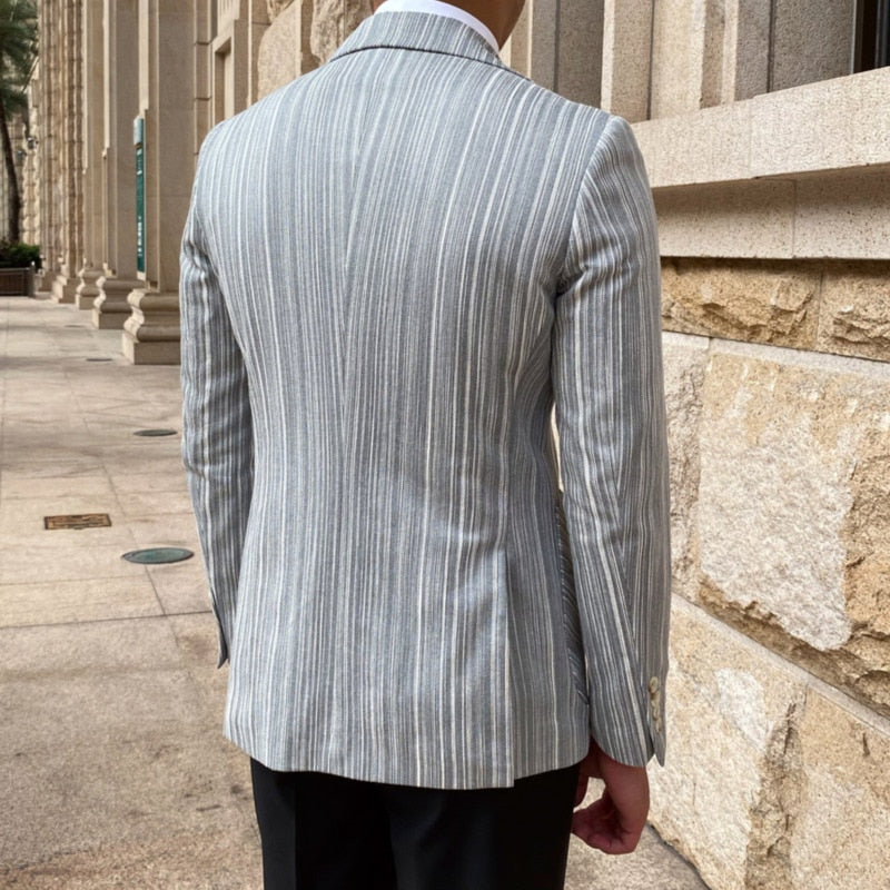 Gray Stylish Vertical Stripe Double Button Blazer