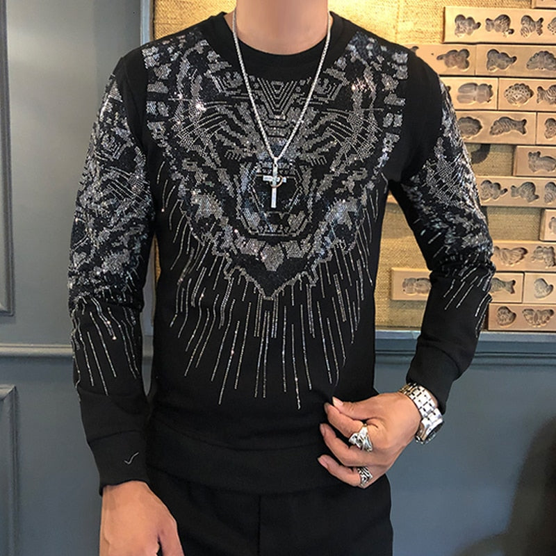 Black with Tiger Head Sequin Long Sleeves Casual Men Sweatshirt