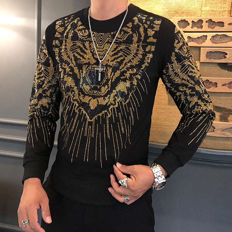 Black with Tiger Head Sequin Long Sleeves Casual Men Sweatshirt