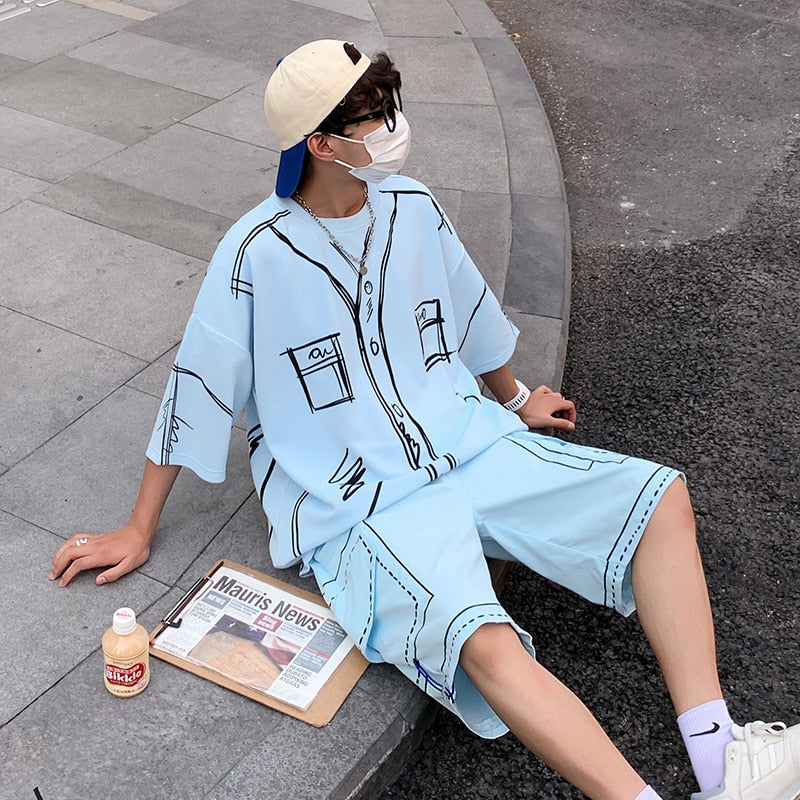 Hand-Painted Line Polyester Shorts Set