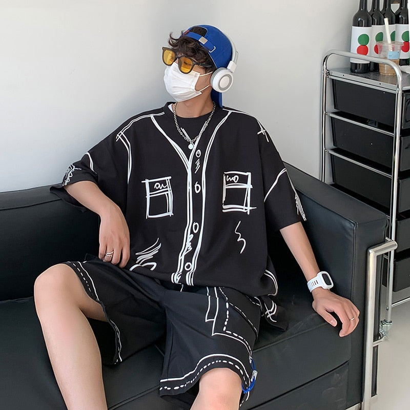 Hand-Painted Line Polyester Shorts Set