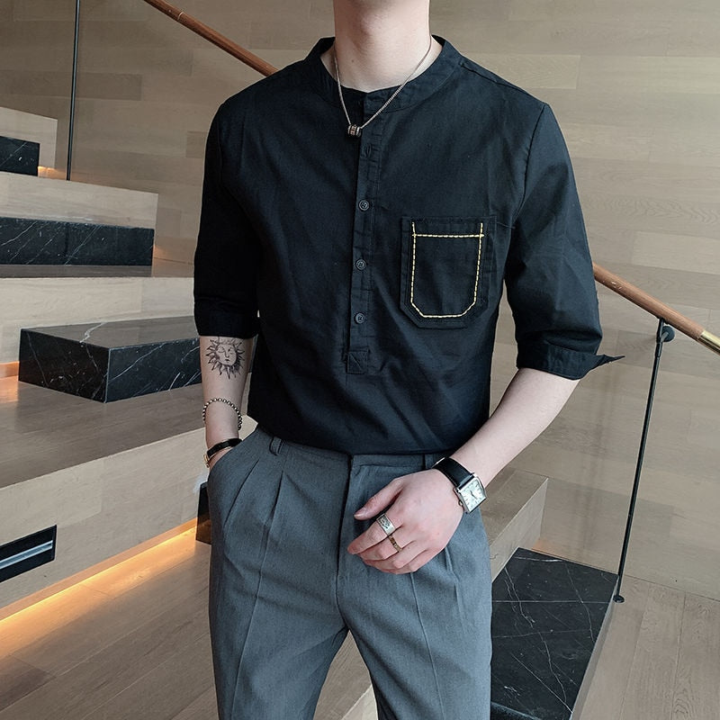 Solid Half-Sleeved Stand Collared Shirts