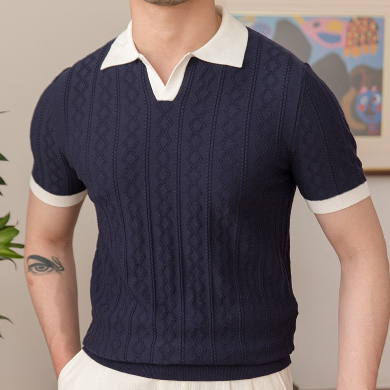 Breathable Contrast Knitted Men Polo Shirt