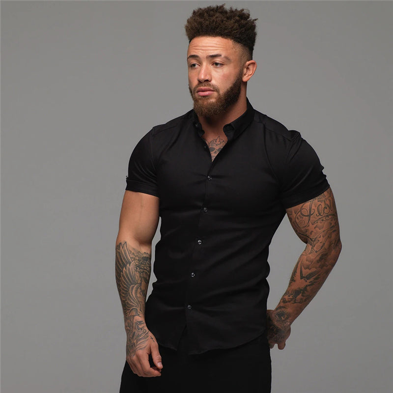 Solid Short Sleeve Polyester Men Shirt