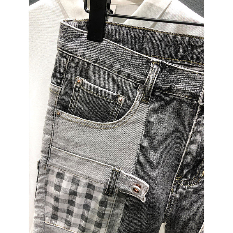 Gray Denim Patchwork Knee Length Short