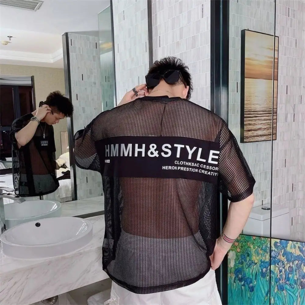 Black Grid Hollow O-Neck T-Shirt