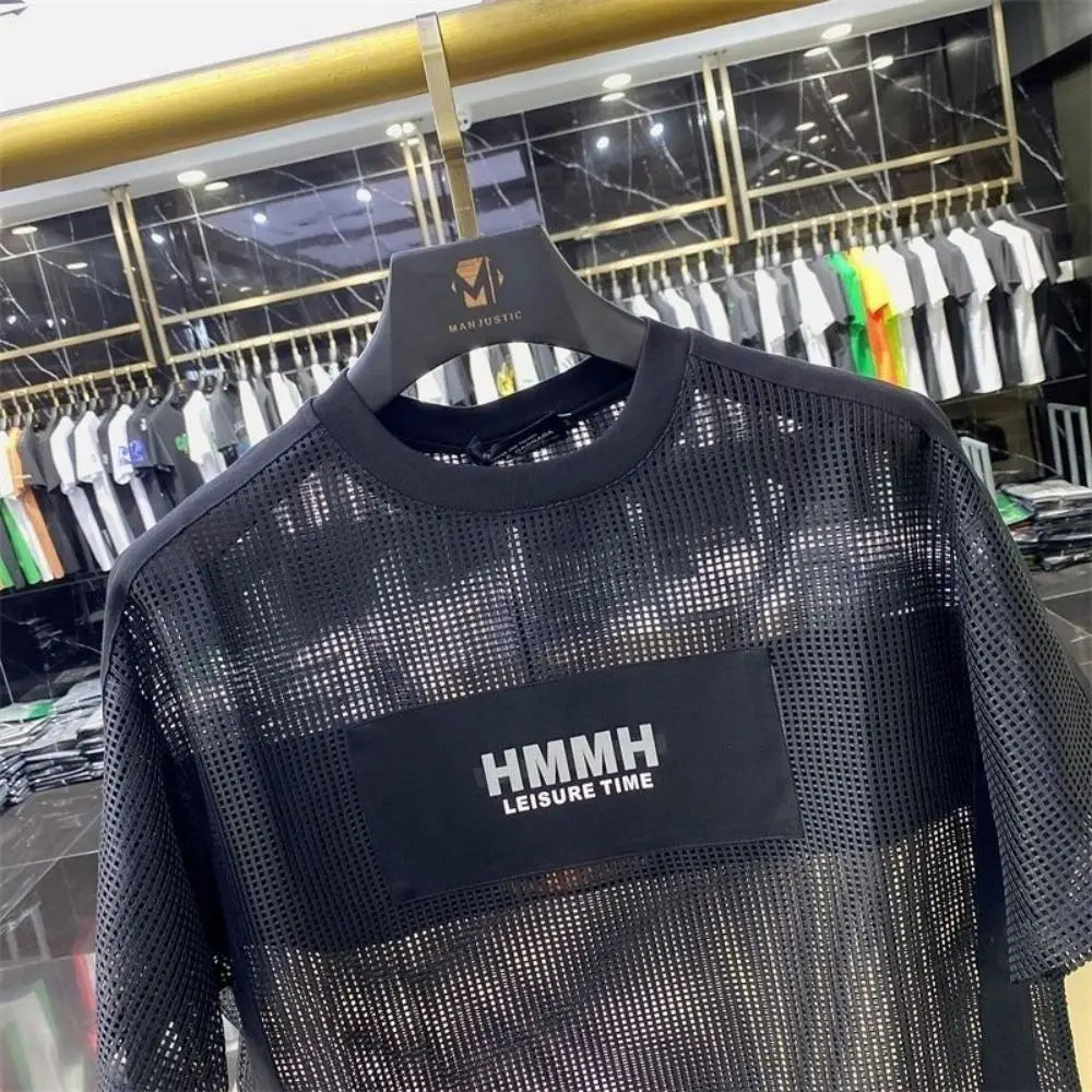 Black Grid Hollow O-Neck T-Shirt