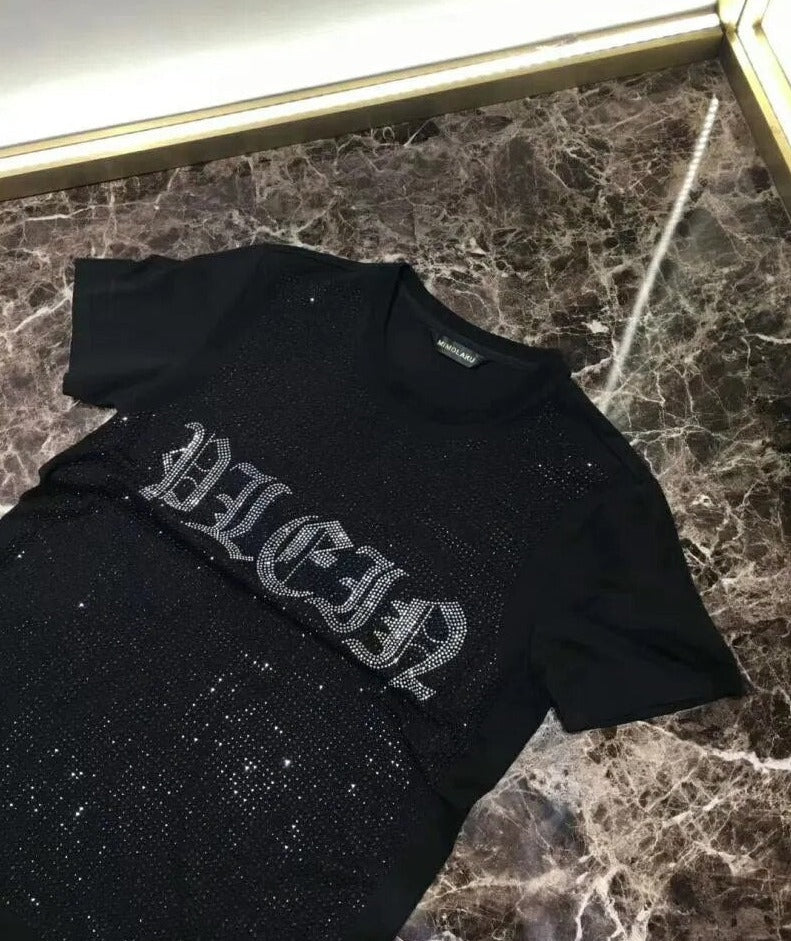 Black Silver Letter Rhinestone T-Shirt