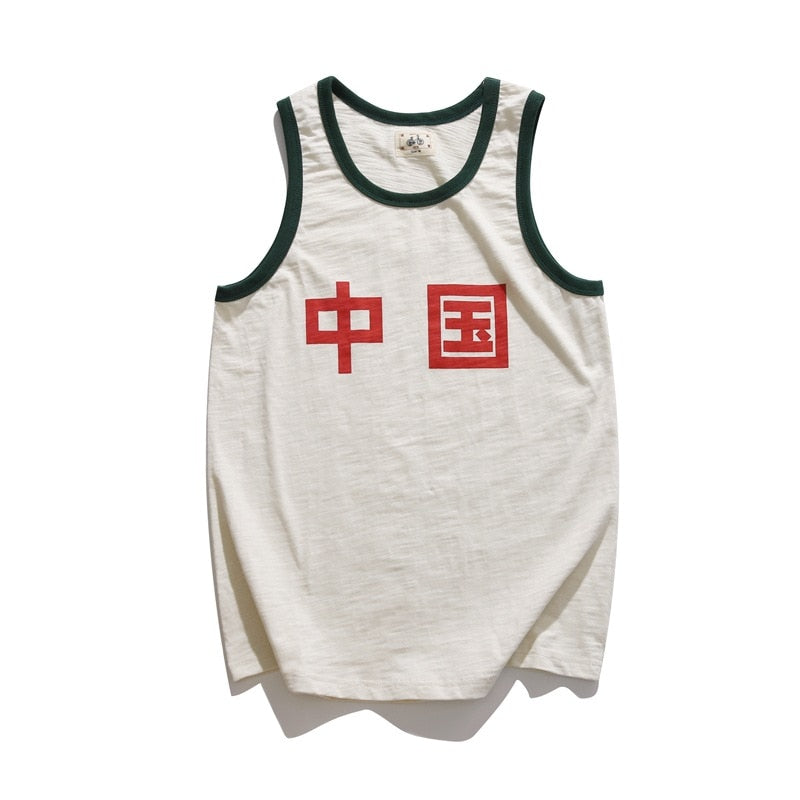 Chinese Letter Print Vintage Style Breathable Tank Top