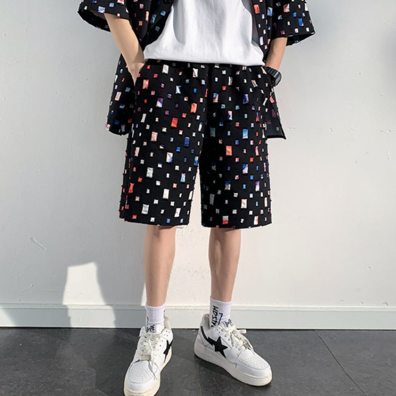 Ripped Patchwork Hollow Out Shorts Set