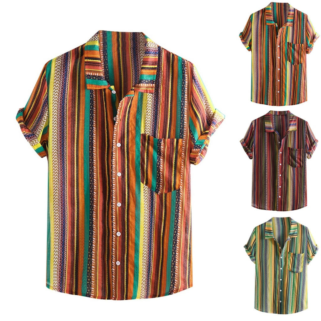 Colorful Stripe Stand Collar Short Sleeve Loose Style Men Shirt