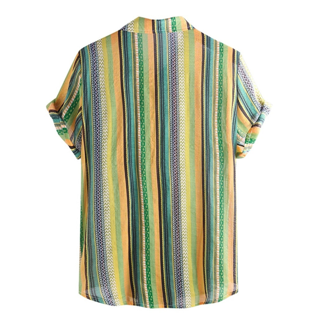 Colorful Stripe Stand Collar Short Sleeve Loose Style Men Shirt