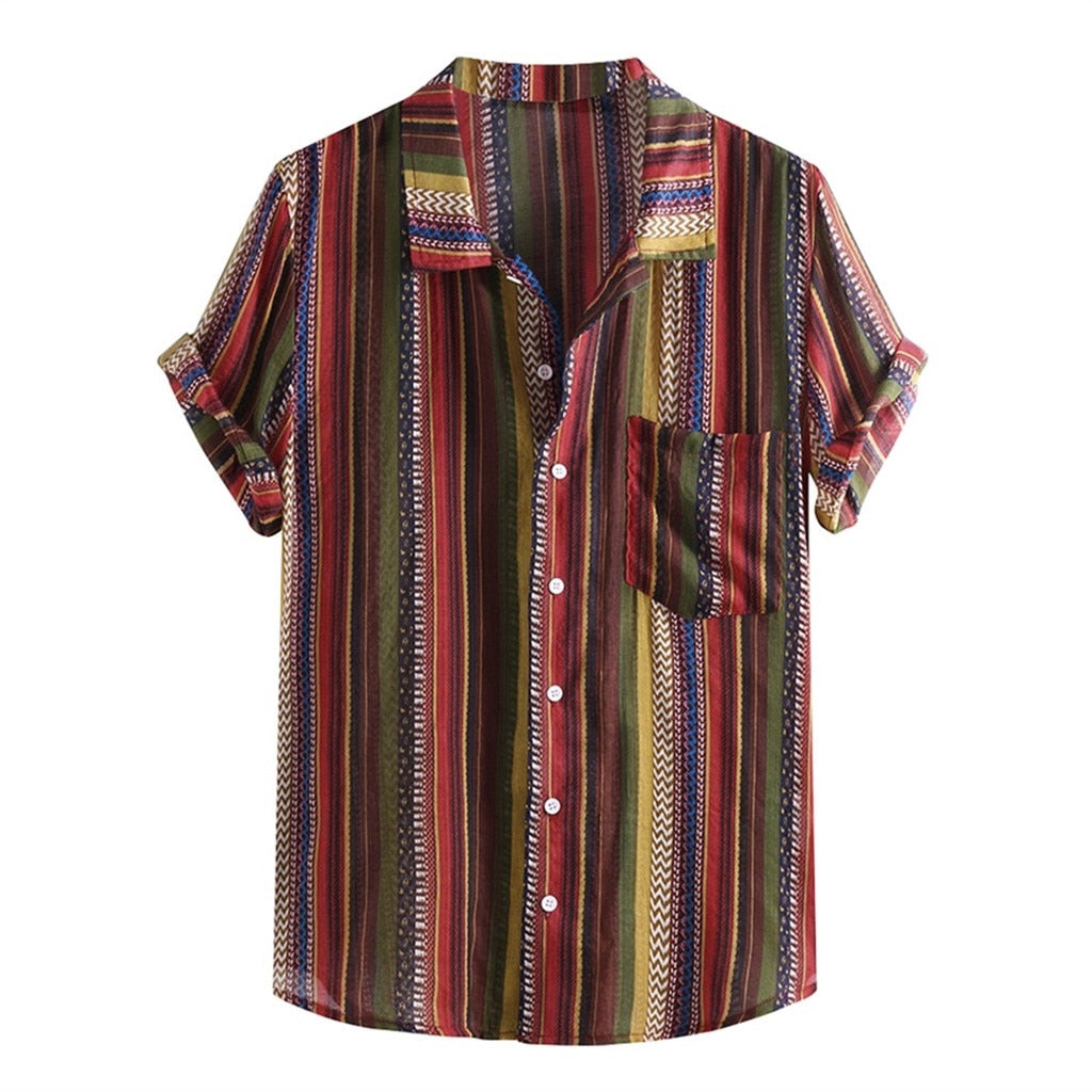 Colorful Stripe Stand Collar Short Sleeve Loose Style Men Shirt