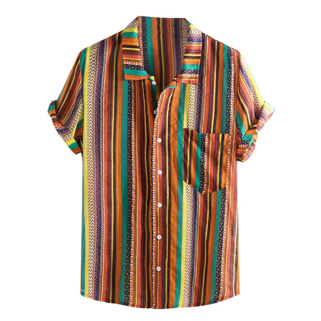 Colorful Stripe Stand Collar Short Sleeve Loose Style Men Shirt