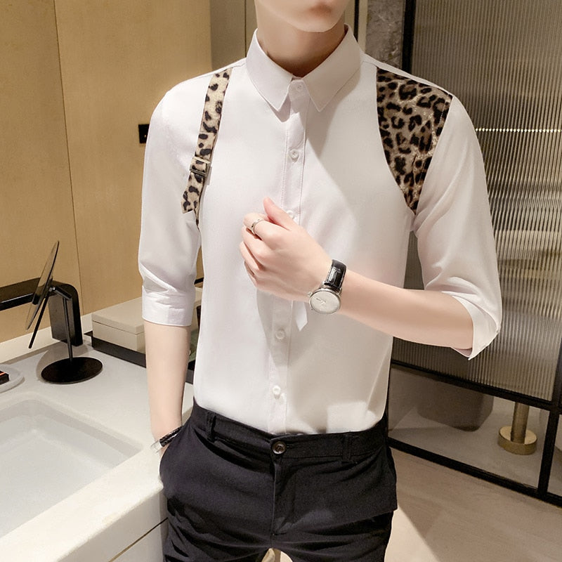 Leopard Print Patchwork Accent Men Monochrome Shirt