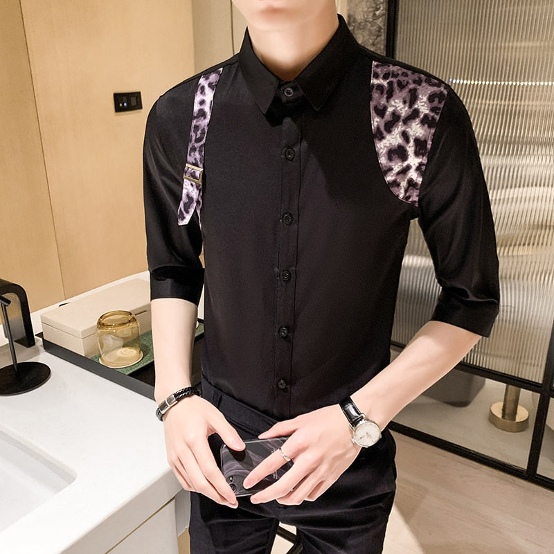 Leopard Print Patchwork Accent Men Monochrome Shirt