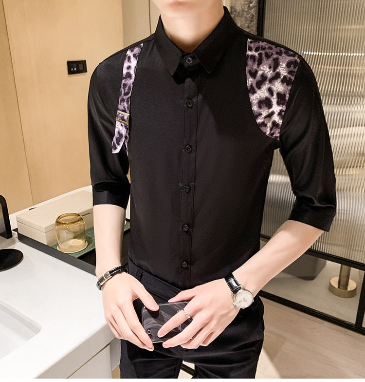 Leopard Print Patchwork Accent Men Monochrome Shirt