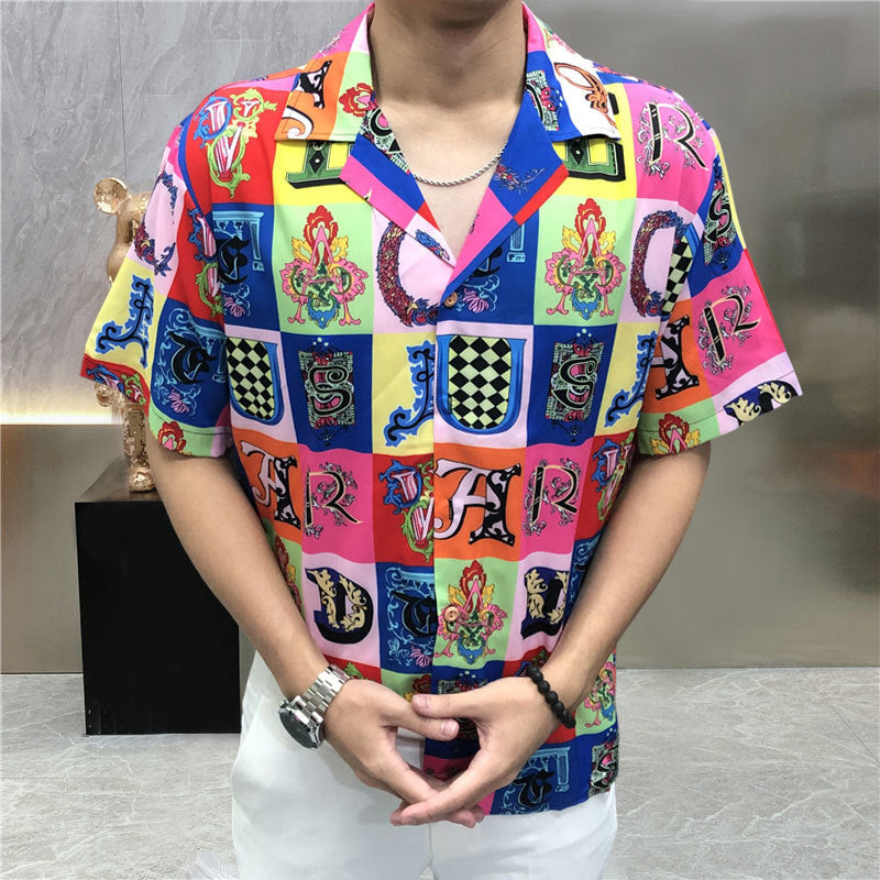 Retro Colorful Checkered Letter Print Shirt
