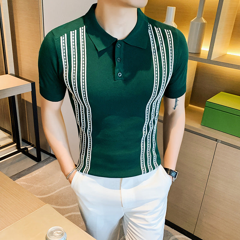 Side Vertical Stripes Buttoned Men Polo Shirt