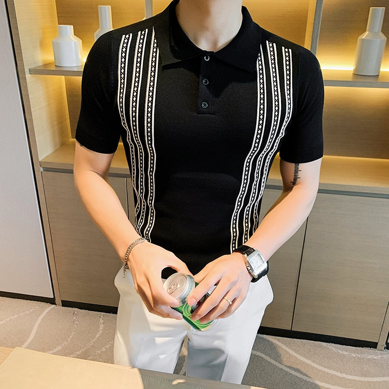 Side Vertical Stripes Buttoned Men Polo Shirt