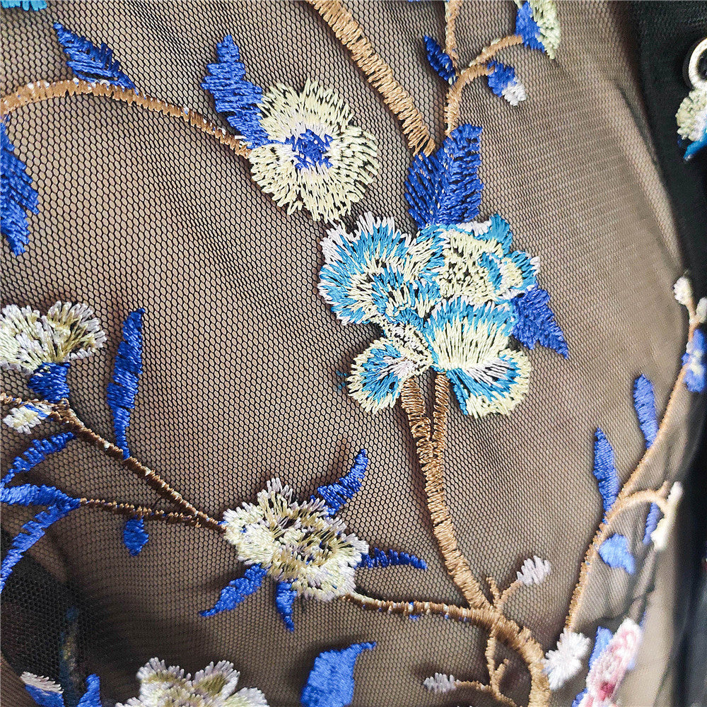 Blue Floral Embroidery See-Through Shirt